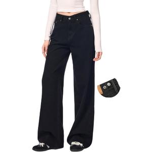 Women's Adjustable Waist Baggy Jeans with Snap-Button Waistband Wide Straight Leg High Rise Jeans Denim Pants Y2K Trousers (Black) 32
