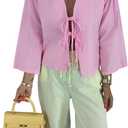 GORGLITTER Women's Plus Size Tie Front Tops Y2K Long Sleeve V Neck Going Out Coquette Blouses (Pink, XXL)