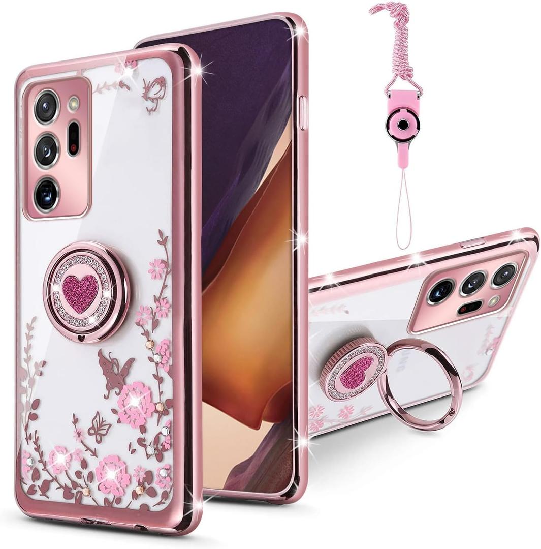 for Galaxy Note 20 Ultra Case for Women, Glitter Crystal Butterfly Heart Floral Slim TPU Bling Cute Girls Protective Cover with Ring Holder Stand+Strap for Note 20 Ultra (Rose Gold)