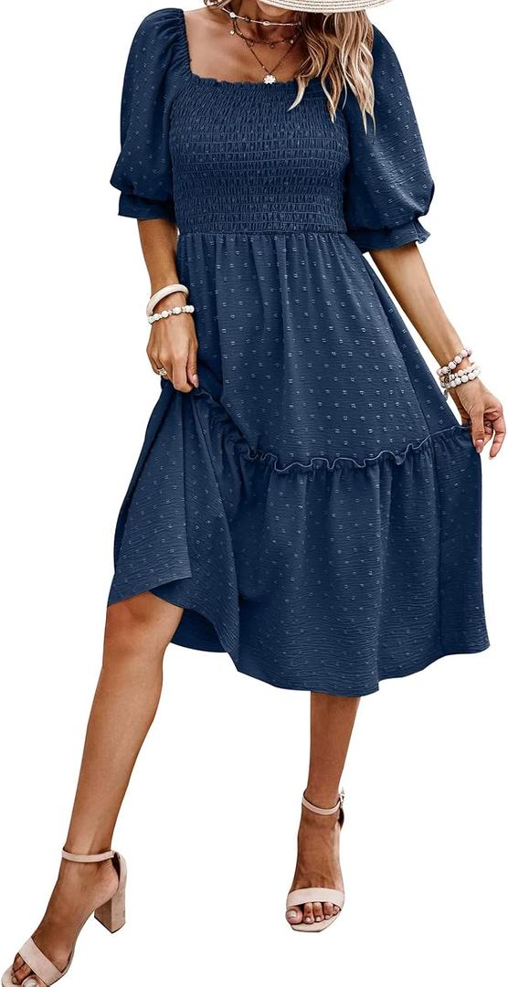 PRETTYGARDEN Women's Summer Casual Dresses 2025 Spring Puff Sleeve Square Neck A-line Flowy Boho Floral Smocked Midi Dress