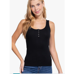 Womens- Sleeveless Snap Button Placket Scoop Neck Rib Knit Tank Top, M
