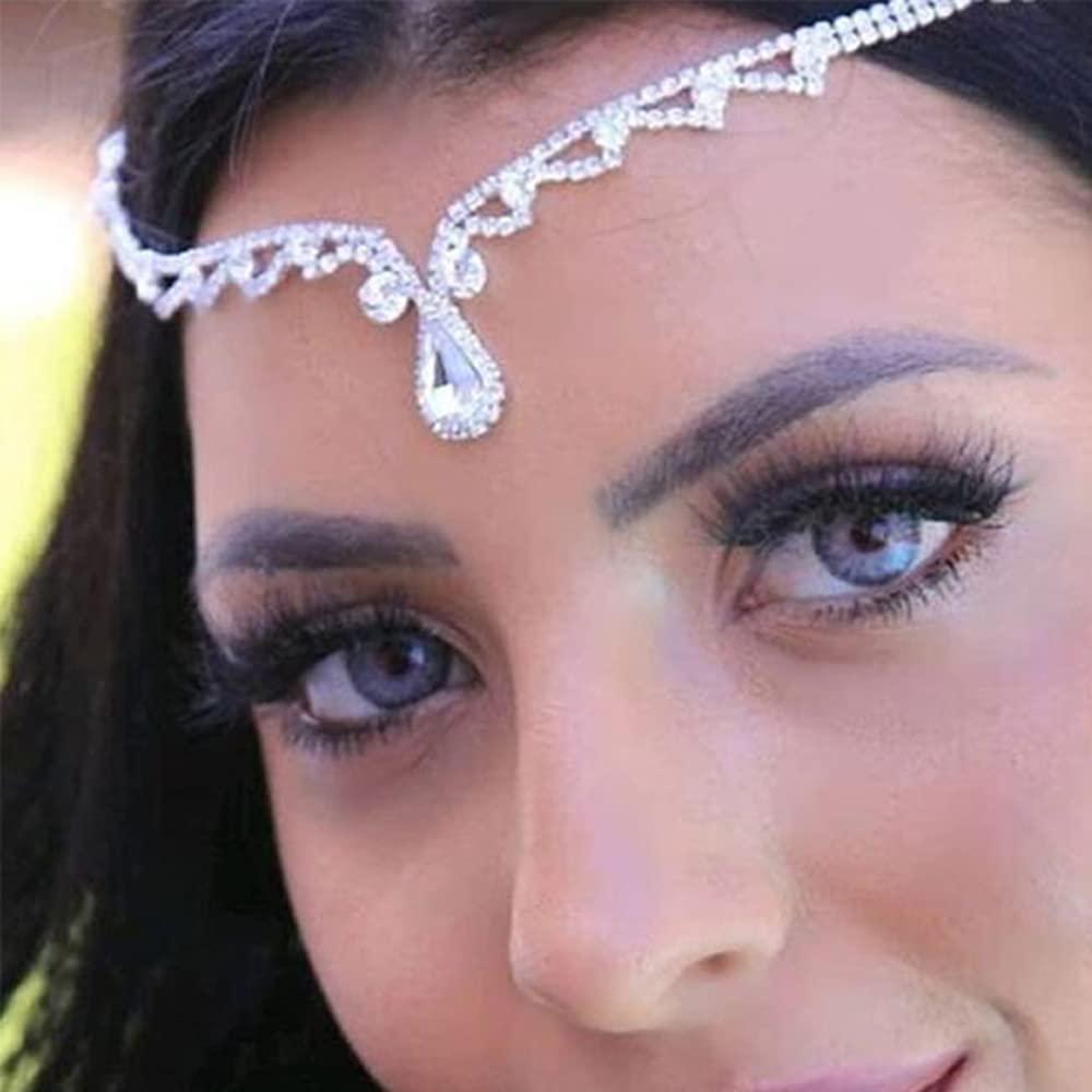 Missgrace Women Bridal Rhinestone Gold Forehead Head Chain Clip Headband Boho Crystal Teardrop Headpiece Hair Jewelry Wedding Prom Party Halloween Festival Hair Accessories for Women (Silver)
