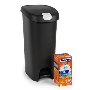 Hefty 12 Gallon Step Trash Can with Lockable Lid and 40 Trash Bags, Plastic Kitchen Garbage Can for Home, Office & Kitchen, 48 Quart, Black, 1 Pack