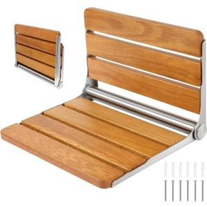 Folding Shower Seat Wall Mounted Shower Bench Teak Folding Shower Chair Wood Seat 316 Stainless Steel Frame Fold Down Shower Seat 600 lbs, 1 Pack