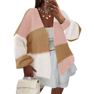 Yousify Womens Cardigan Sweater Color Block Open Front Long Puff Sleeve Casual Chunky Knit Cardigans 2025 Fall Outerwear (M)
