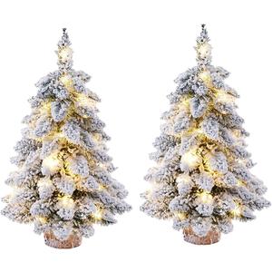2 Pcs Prelit Tabletop Christmas Tree Snow Flocked Christmas Tree with Led Lights Wood Base Mini Xmas Pine Tree for Table Desk Home Christmas Decor