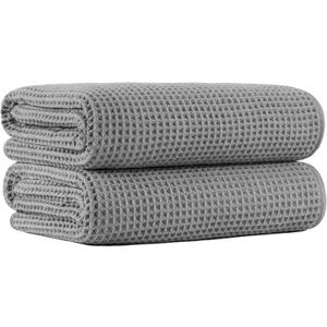 MICROFI New Microfiber Waffle Bath Towels, 2 Pieces, Oversized, Soft, Absorbent, Fast Drying, Lint Free (Gray)