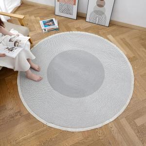 Handwoven 4ft Round Cotton Rope Rug with Tassel Trim  Washable Boho Braided Circle Rug for Living Room, Bedroom, Nursery  Soft Gray, Durable & Natural