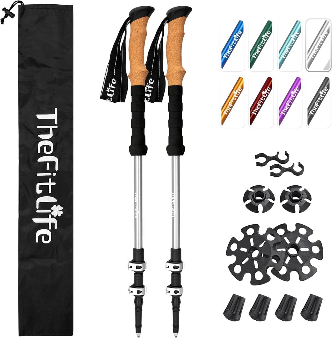 TheFitLife Trekking Poles - Lightweight 7075 Aluminum Hiking Sticks with Cork Grips, Adjustable Telescopic Design, Metal Flip Lock for Men & Women - Perfect for Hiking, Walking, Camping & Backpacking (Silver)