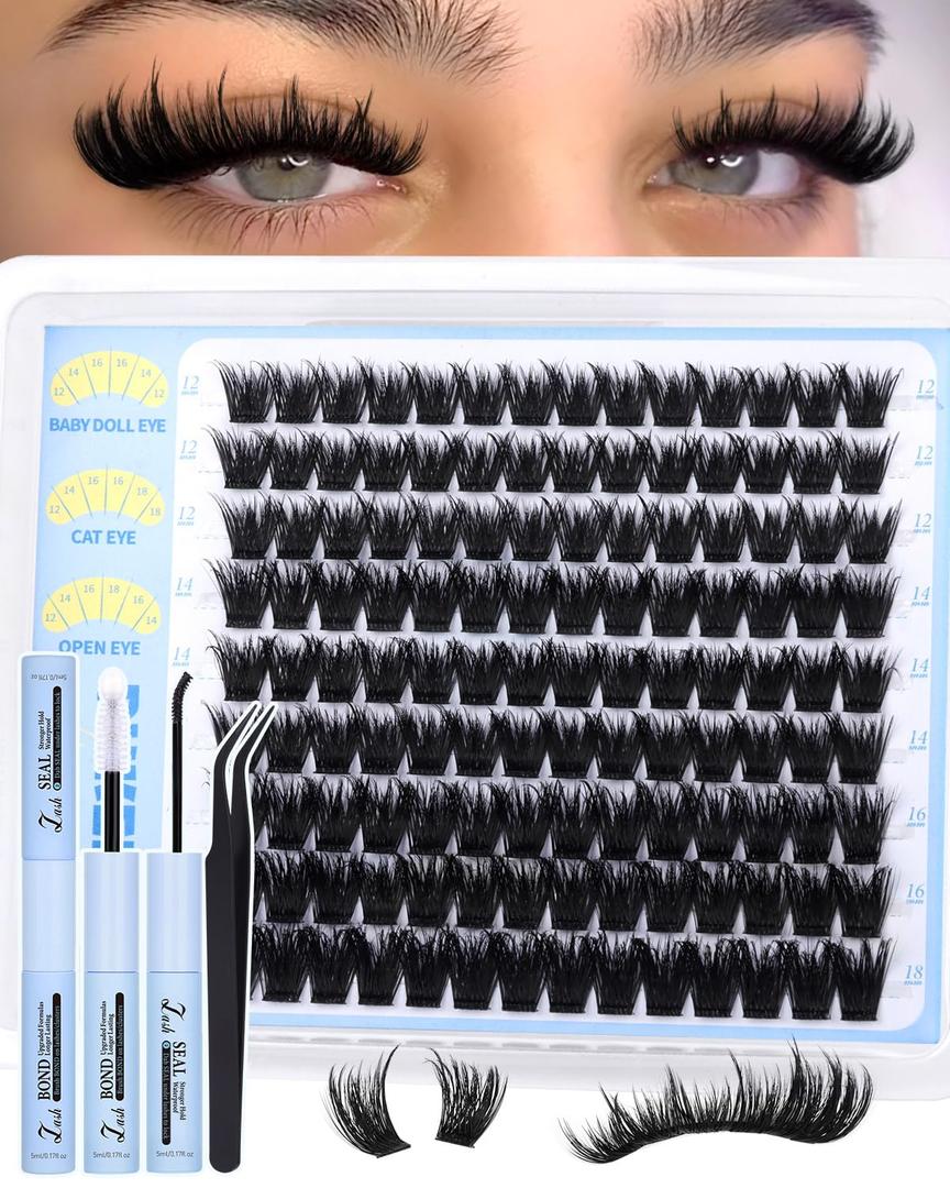 Wispy Lash Clusters Kit Fluffy Eyelash Clusters Kit Spiky Lash Extension Kit Volume Cluster Eyelash Extensions DIY Salon Look, 12-18 mm, 126Pcs