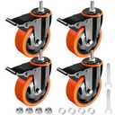 Caster Wheels Heavy Duty 3 Inch Stem Caster 1/2"-13 x 1(Stem Diameter 1/2", Stem Length 1"), Safety Locking Caster Set of 4, Industrial Castor Wheels for Cart,Furniture, Orange