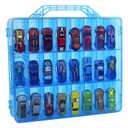 Bins & Things Toy Car Storage Organizer - 48 Compartment Double-Sided - 13.5"x11.7"x3.2" Portable and Display Case for Kids - Carry Handle - Transparent Blue Box