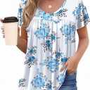 HOTOUCH Womens Short Sleeve Tunic Tops V Neck Loose Fit Ruffle Sleeve Shirts Summer Floral Dressy Casual Boho Blouses (Small, Blue Flower)