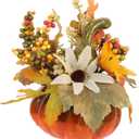 Cabilock Artificial Pumpkin Ornament with Sunflower and Maple Leaf 3.54 Inch Faux Pumpkin Decor for Halloween Thanksgiving Autumn Table Centerpiece and Home Party Decoration