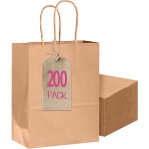 Bakepacker 200-Pack Medium Size Gift Paper Bags with Handles Bulk 10.6"x8.3"x4.3" Brown Party Kraft Shopping Bags, Medium-200pcs