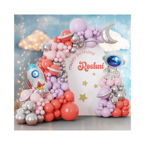 ECEAE 137Pcs Space Balloon Arch Garland Kit - Coral Red Pink Pastel Purple Silver Balloons with Rocket Astronaut Moon Star Balloons, for Two The Moon Baby Girl Birthday Party Decorations