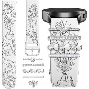 Wildflower Engraved Bands Compatible with Samsung Galaxy Watch 7 FE 6 4 5 Band 40mm 44mm, Galaxy Active 2, 20mm Soft Silicone Replacement Strap with Cute Decorative Charms Rings Accessories for Women