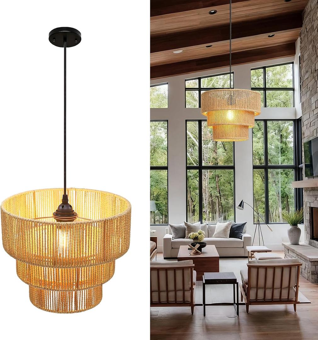 12'' Natural Rattan Chandelier -Small Farmhouse Boho Style with E27 Bulb, 120V Pendant Light, Fandelier, Hanging Lamp, Wicker Pendant Lamps for Dining Room/Kitchen/Bedroom/Living Room/Island