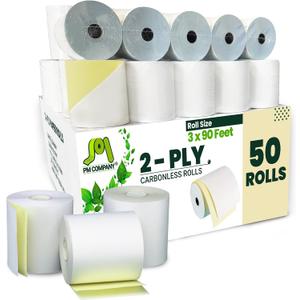 PM Company 2 Ply POS/Cash Register Rolls, 3 Inches X 90 Feet, White/Canary, 50 per Carton (07706)