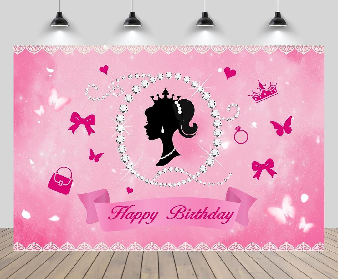 7x5ft Happy Birthday Backdrop Girls Birth Pink Theme Baby Doll Birthday Butterfly Crown Diamond Background Pink Theme Girl Doll Birth Party Baby Shower Party Decor Props (B1-NY2704)