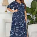Keluummi Plus Size Wedding Guest Maxi Dresses for Curvy Women, Summer Formal Floral V Neck 3/4 Sleeve A Line Long Party Dress (Blue)
