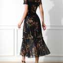 GothDark Women's Summer Floral Mesh Ruffle Dress Short Sleeve Round Neck Waist Cinched Casual Maxi Wedding Guest Dresses (Black) S