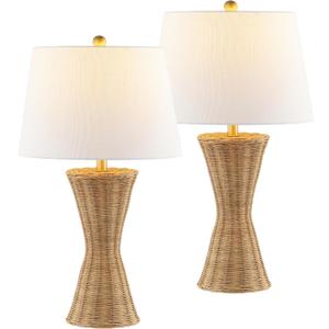 JONATHAN Y 27" Natural Woven Rattan Hourglass Table Lamp Coastal Geometric Wicker Bedside Lamp for Living Room Bedroom with White Fabric Shade Set of 2 LED Bulbs Included JYL4048A-SET2
