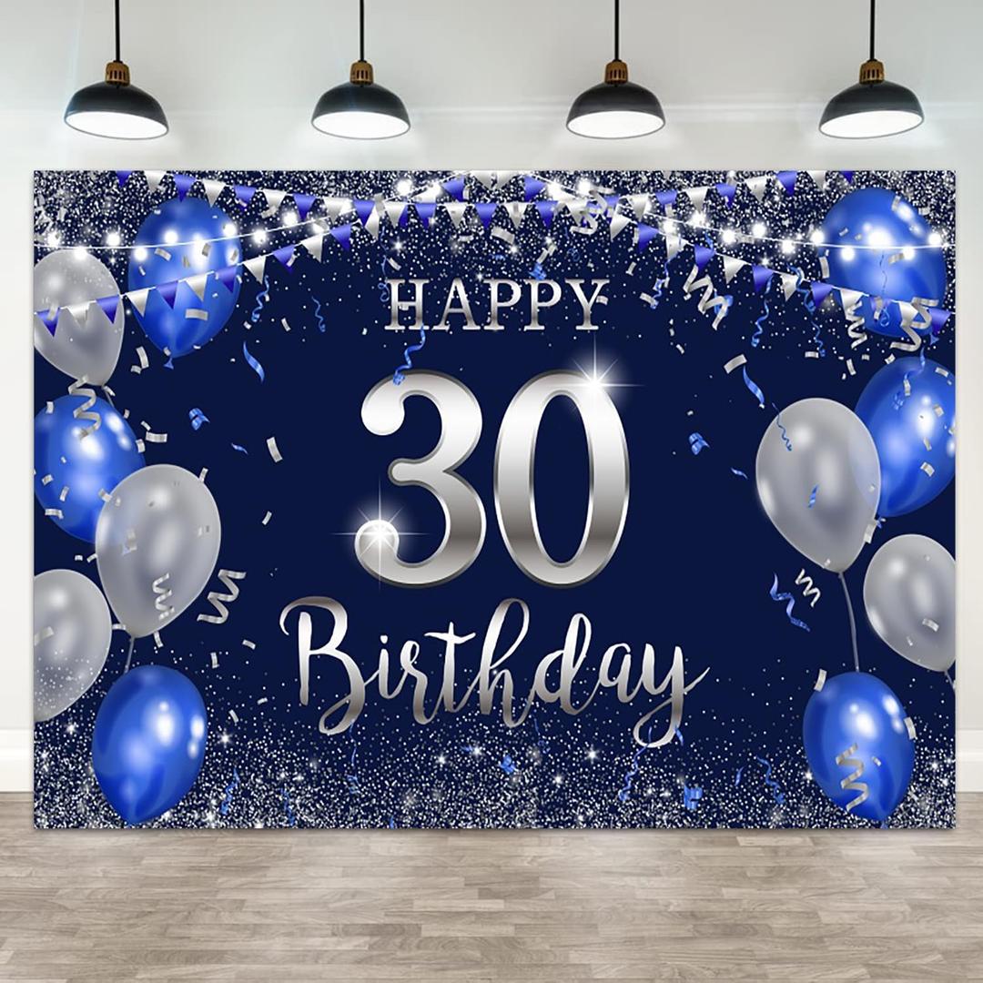 7x5ft Happy 30th Birthday Backdrop Blue Silver Balloon Flag Photography Background Glitter Dots Ribbon Men Women 30 Years Old Birthdays Party Banner Decorations Portrait Photo Booth Prop
