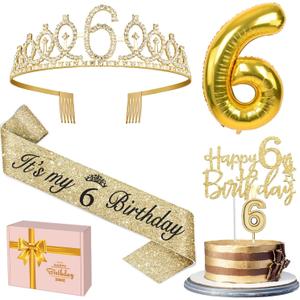 6th Birthday Decorations for Girl with 6th Birthday Sash and Tiara, Candle and Cake Topper, Number Balloon, 6 Year Old Girl Gifts