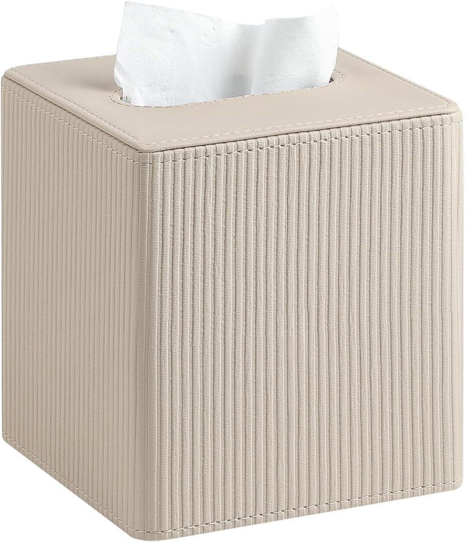 Tissue Box Cover Square with Magnetic Closure, PU Leather Tissue Box Holder for Bathroom NightStands Livingroom, Decorative Modern Square Tissue Holder (Beige)