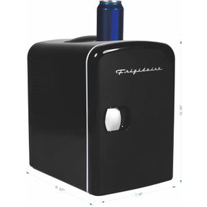 Frigidaire Mini Personal Fridge Cooler, 4L Capacity Chills Six 12 oz Cans, Portable & Compact, AC Plug & 12V Car Charger  Black
