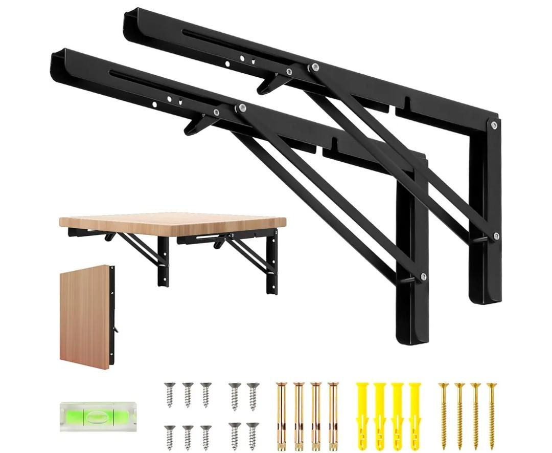 16 Inch Folding Shelf Brackets, 2 Pcs Heavy Duty Metal Collapsible Shelf Bracket Wall Mounted Brackets for Fold Down Table Wall Mounted Brackets for Shelves Space Saving（Max Load: 132 lb）
