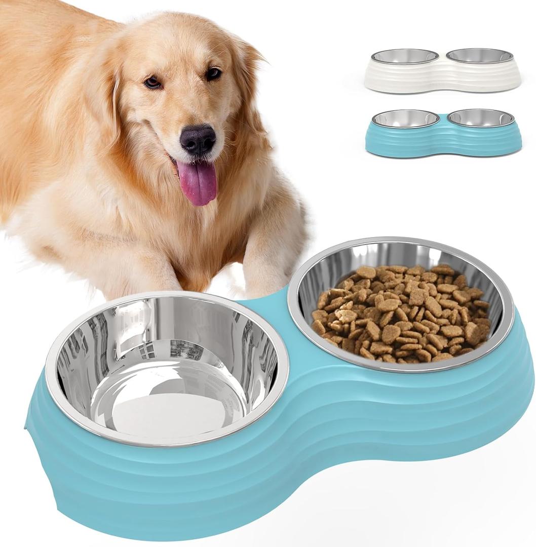 Stainless Steel Dog Bowls Set, Double Food & Water Bowls for Dogs, Dual Dog Food Bowl with 2 Medium (14oz*2) Bowl, Non-Slip Pet Bowls Suitable for Puppies, Cats and Medium Breed Dogs (Blue)