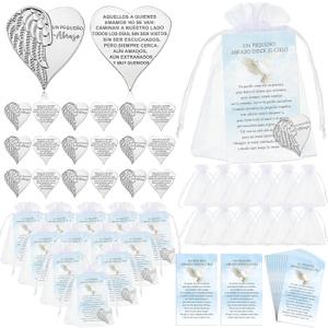 Fumete 60 Sets Funeral Favors for Guests Memorial Service Celebration of Life Decorations Heart Pocket Hug Token Coins and Angel Poem Pray Cards Memorial Gifts for Church Funeral Sympathy (Spanish)