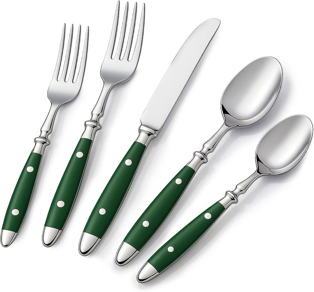 20-Piece Silverware Set, 304 Riveted Stainless Steel Flatware Set, Service for 1, Vintage Cutlery Set with Green Bakelite Handle, Mirror Polished | Rustic | Dishwasher Safee