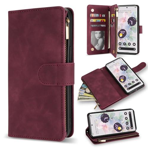 ZZXX for Google Pixel 6 Pro Case Wallet with Card Slot Premium Soft PU Leather Zipper Flip Folio Wallet with Wrist Strap Kickstand Protective for Google Pixel 6 Pro Wallet Case (Wine Red 6.7 Inch)