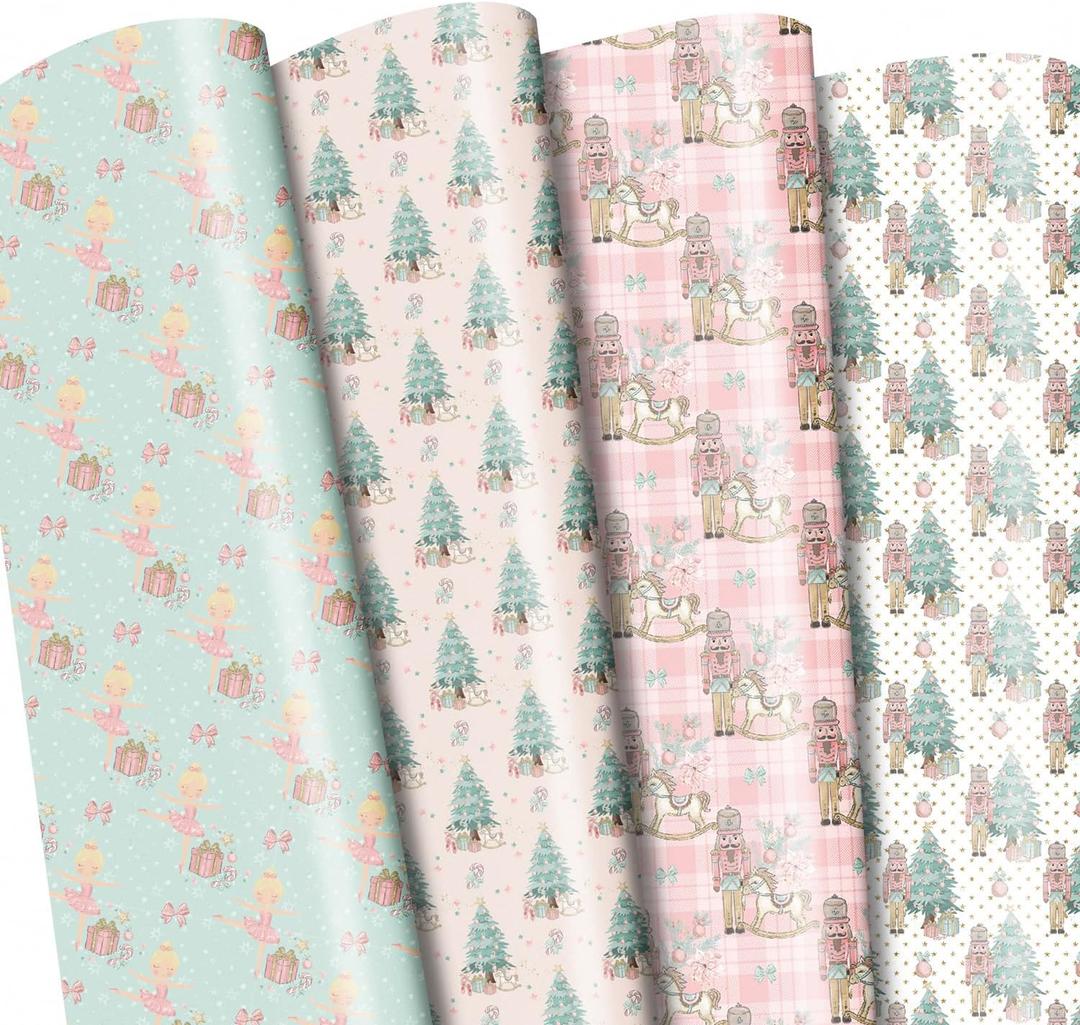 3 x FIEHALA 12 Pcs Pink Christmas Wrapping Paper Nutcracker Christmas Tree Design Xmas Gift Wrap for Girls Kids Women Holiday Celebration - 20 x 28 Inches Per Sheet