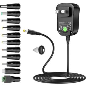 Universal AC/DC Adapter Multi-Voltage Regulated Switching Power Supply with 11 Selectable DC Plugs for 3V 4.5V 5V 6V 7.5V 9V 12V Household Electronics 2.0A 24Watt Max