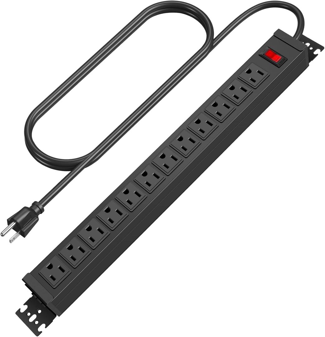 HHSOET Rotating Mountable Power Strip, 12 Outlet Wall Mount Surge Protector, 1200J, Metal Heavy Duty and Versatile Outlet Strip, Stylish Appearance, Sturdy and Durable, 3ft Power Cord.(Black)