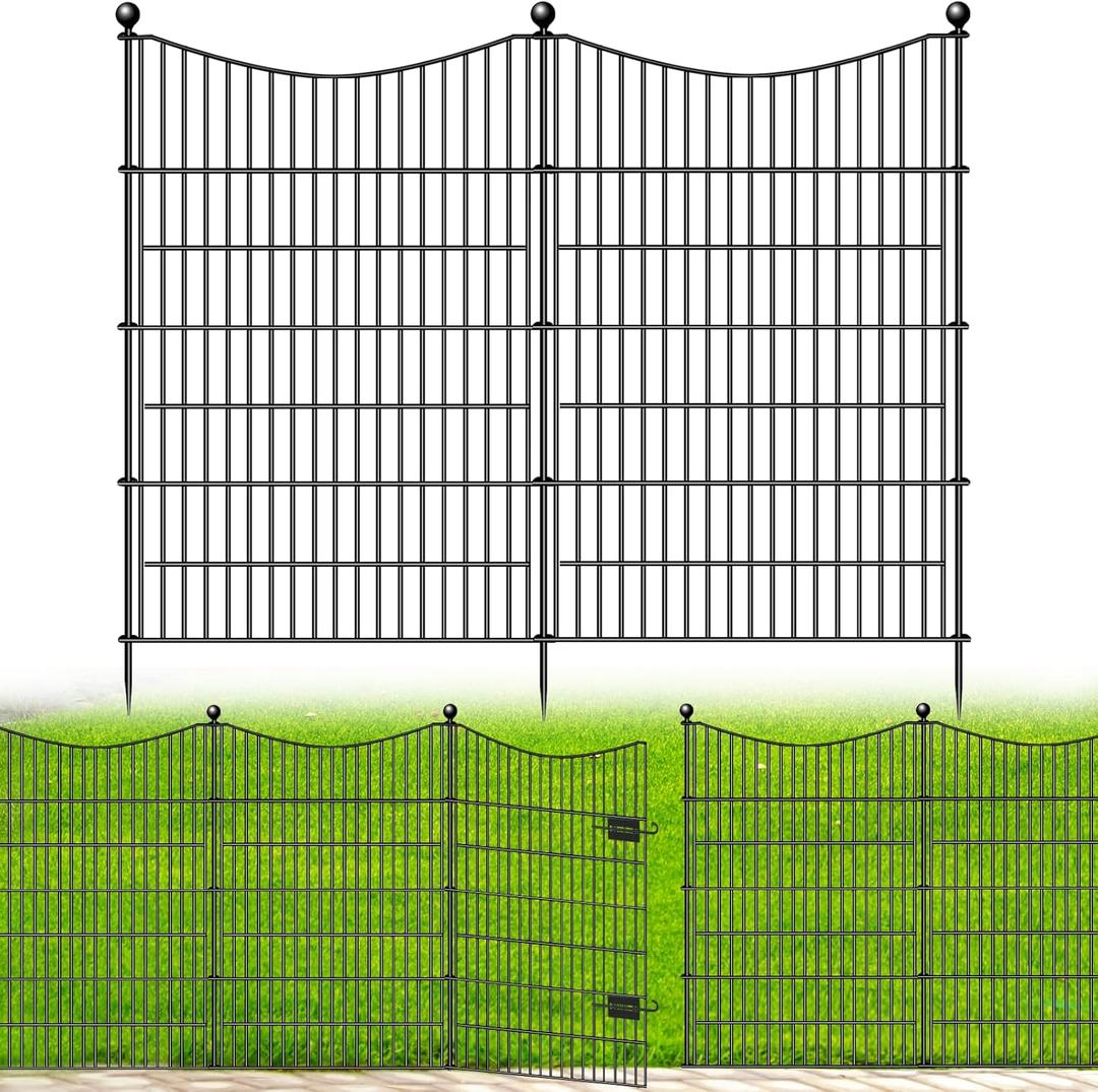 4 Panels Decorative Garden Fence with Gate, 48 in(H) X 10.5 ft(L) No Dig Dog Fence Animal Barrier Outdoor for Yard, Rustproof Metal Garden Edging and Borders, Temporary Fencing Stakes (4 Panels-10.5 ft(L) X 48 in(H) with Gate)