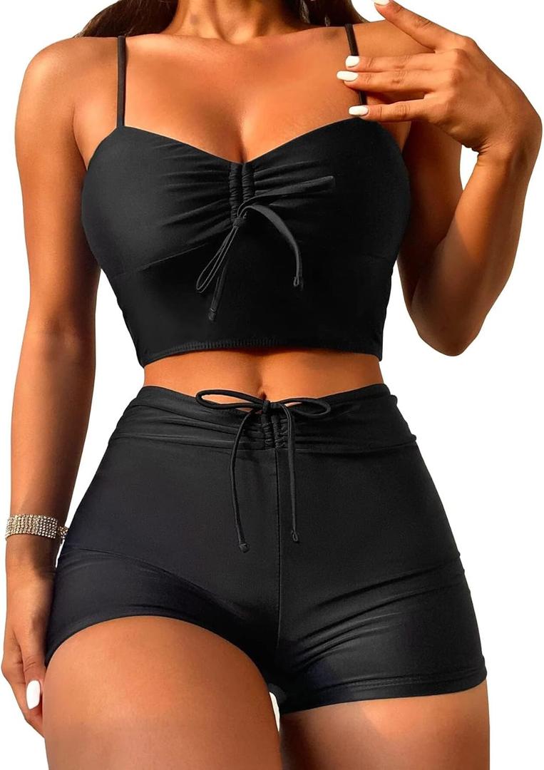Lilosy Drawstring High Waisted Bikini Set Srting Swimsuit Spaghetti Strap Cami Top and Tie Side Shorts 2 Piece (Black, L)