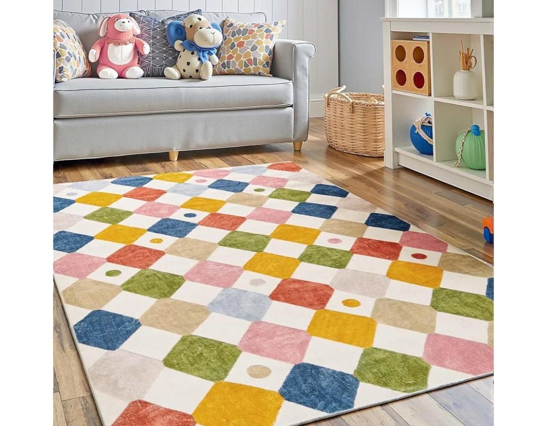 jinchan Macy 3x5 Area Rug for Kids Room Modern Colorful Checkered Diamond Nursery Rug Indoor Washable Soft Non Slip Carpet for Playroom Classroom Bedroom Dorm Daycare Living Room Circus on Cream