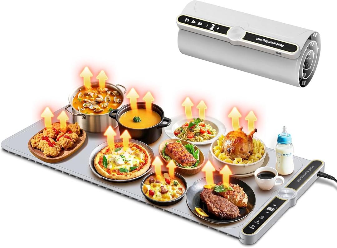 Warming Mat for Food - Extra Large 32"x15" Electric Warming Tray Warm 8 Dishes, 9-Temperature Adjustable, 1-6H Timer, Child Lock, 8s Fast Heating, Foldable Food-Grade Silicone Design (Gray)