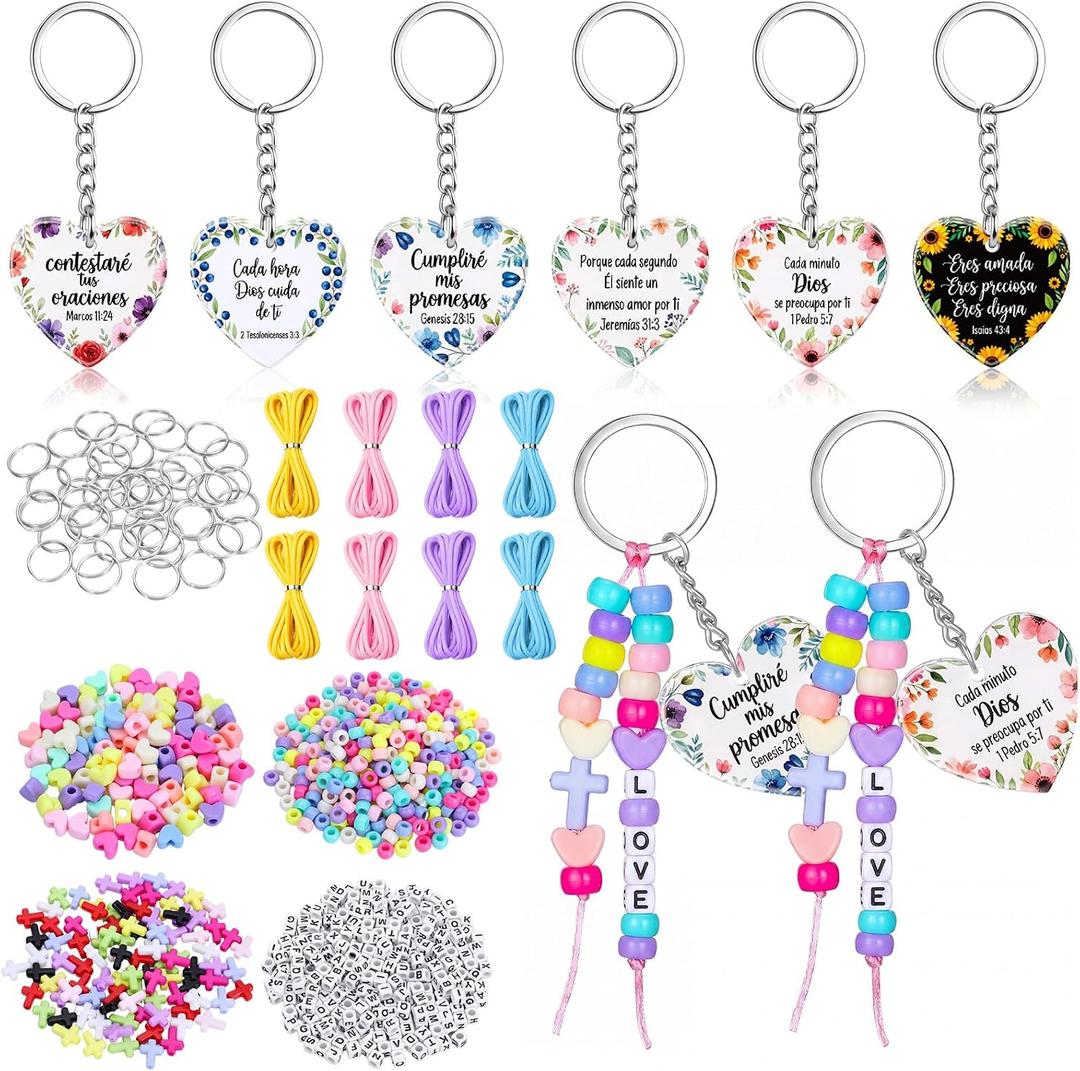 24 Sets Christian Keychain Making Craft Kit, DIY Religious Bible Verse Keychains Set 1.57" Acrylic Christian Keychains with Alphabet Cross Heart Beads for Father's Day Party Women Men(Spanish), 4 cm/1.57 inch