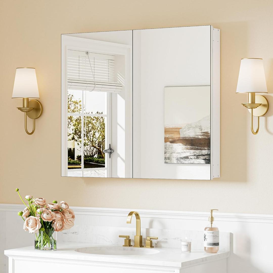 Keonjinn 30 x 26 Inch White Medicine Cabinet Mirror, Assembly Needed, in Wall Medicine Cabinets for Bathroom, Lightweight, Adjustable Shelves, Tempered Glass, Soft Closing, Recessed or Wall Mount