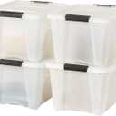 IRIS USA 32 Qt Stackable Plastic Storage Bins with Lids, 4 Pack - BPA-Free, Made in USA - Discreet Organizing Solution, Latches, Durable Nestable Containers, Secure Pull Handle - Pearl