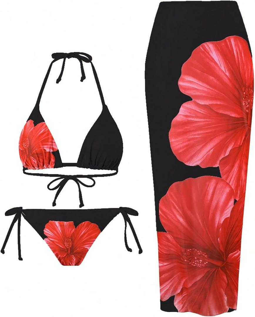 ZAFUL Womens 3pcs Swimsuit Floral Halter Triangle Bikini Top Tie Side Bottom with Long Sheer Cover Up Skirt (Medium, 2-black) ZAFUL Womens 3pcs Swimsuit Floral Halter Triangle Bikini Top Tie Side Bottom with Long Sheer Cover Up Skirt (Medium, 2-black)