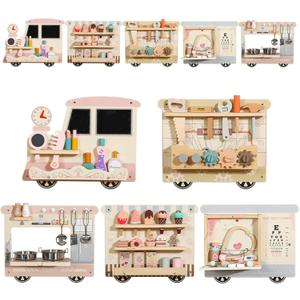 Wooden Sensory Wall Panel for Kids Activity Wall Busy Board with Wooden Toolboxes, Kitchen, Doctor Kit & More! Wall-Mounted Learning Toy for Preschoolers (3+), STEM Play (Little Train Wall Game)