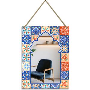 Rectangle Mirror for Wall, 12"x16" Decorative Wall Mirror, Flower Blue Mosaic Mirrors, Wall Mirrors Decor with Hanging Rope for Living Room, Entryway, Bedroom, Dining, Kitchen