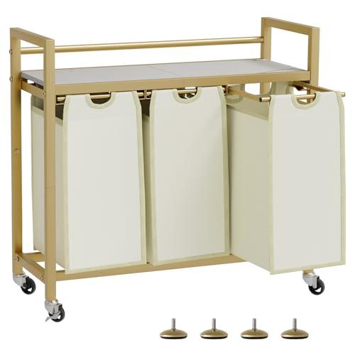 SwaaVee Laundry Hamper, Laundry Basket, Laundry Sorter with 3 Removable Bags, Clothes Basket with 3 Compartments, Wheels, Shelf for Laundry Room Bathroom Bedroom (3 Bags-Golden)